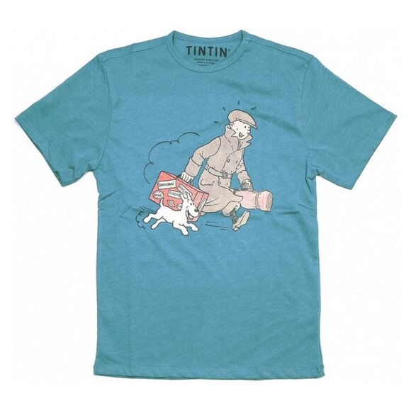 Tintin Other - Tintin and Snowy Homecoming Graphic T-Shirt Youth 12 Blue Cartoon Tee Adventure